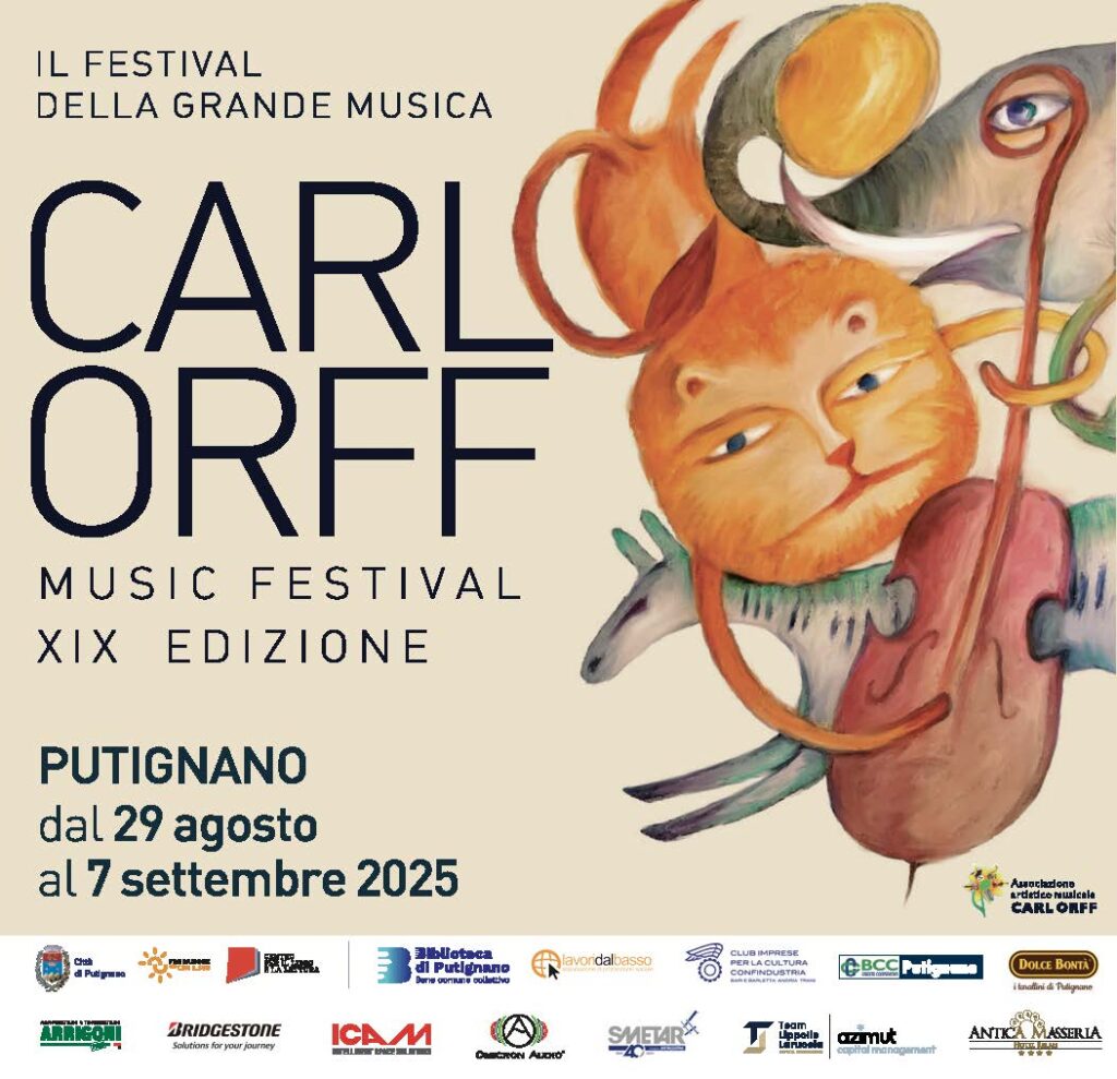Locandina del Carl Orff Music Festival, XIX edizione. L’evento si svolge a Putignano dal 29 agosto al 7 settembre 2025. Sullo sfondo un’illustrazione artistica con figure oniriche di animali e strumenti musicali. Nella parte inferiore sono riportati i loghi dei partner e degli sponsor.